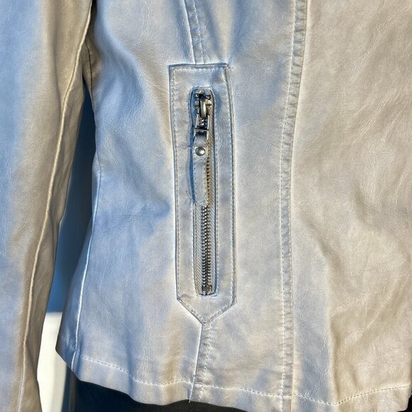 Max Studio SZ M Distressed Gray Faux Leather Moto Jacket wardrobe staple edgy - Picture 4 of 10